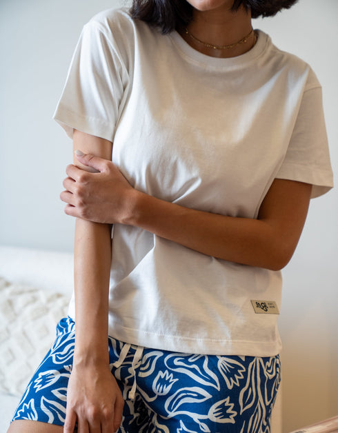 Women Summer Pajama set Off White T-shirt + Dark Blue Flowers Shorts